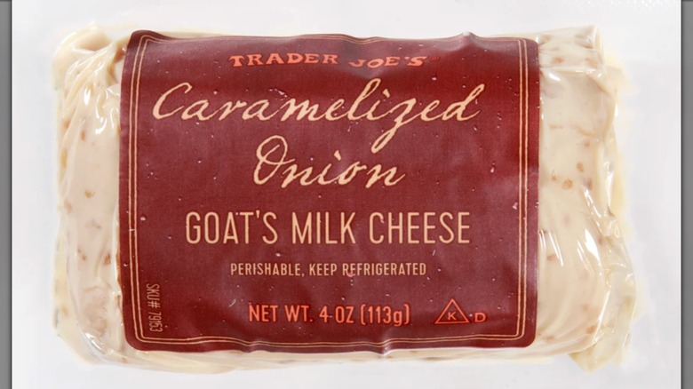 Container of Trader Joe's Caramelized Onion Goat's Milk Cheese.