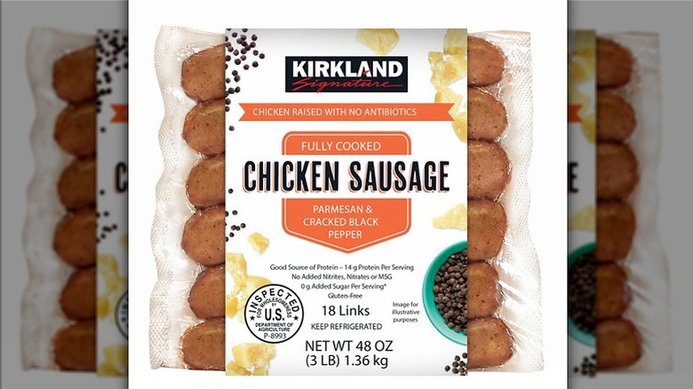 Package of Kirkland Signature Parmesan and Black Pepper Chicken Sausage.