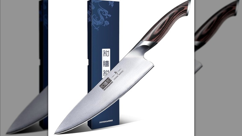 Hoshanho chef knife against a white background