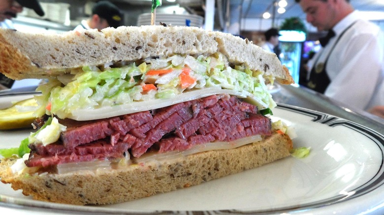 A pastrami sandwich on a plate at Langer's Delicatessen in Los Angeles