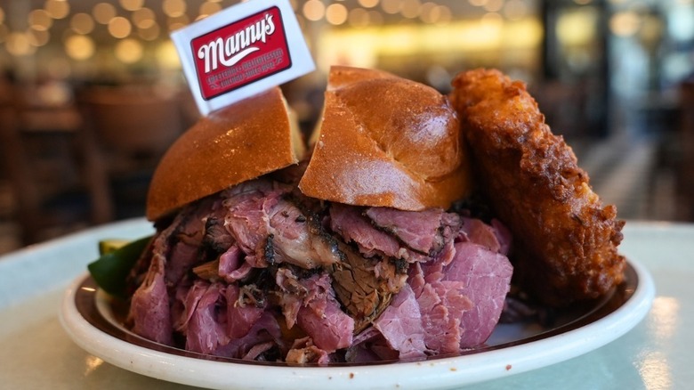 A pastrami sandwich with a latke at Manny's Deli in Chicago