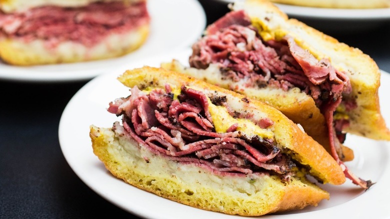 A pastrami and knish sandwich at Sarge's Delicatessen & Diner in New York City
