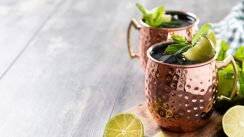 Moscow mule cocktails in copper mugs