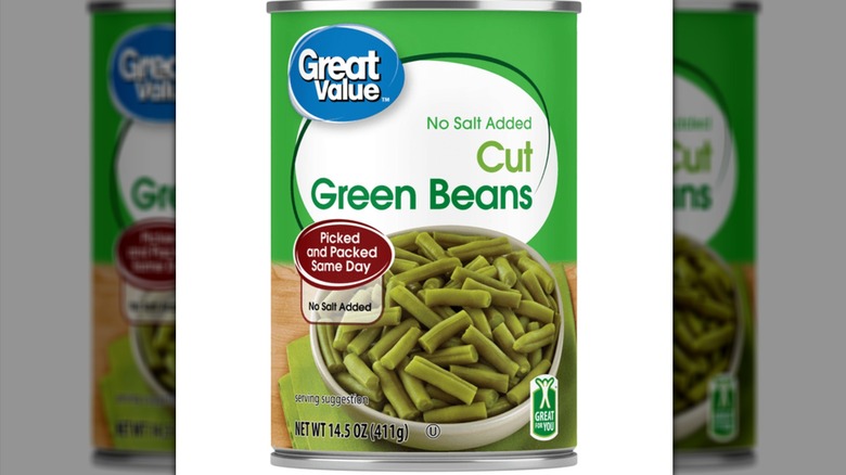 Can of Great Value No Salt Added Cut Green Beans on a white background