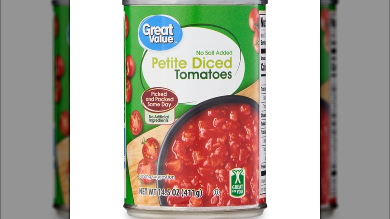 Can of Great Value No Salt Added Petite Diced Tomatoes on a white background