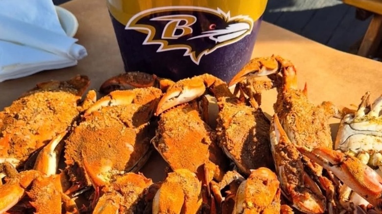 A pile of steamed blue crabs next to a Baltimore Ravens bucket on a paper-topped table