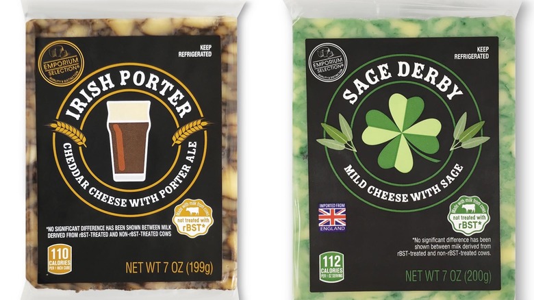 Two different cheese flavors side by side: the left shows cheddar with porter ale, while the right shows mild cheese with sage.