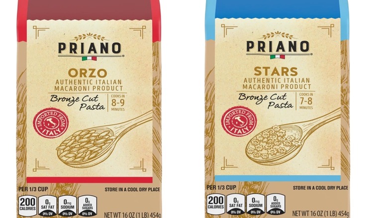 A side-by-side image of two pasta varieties: orzo on the left and star-shaped pasta on the right.