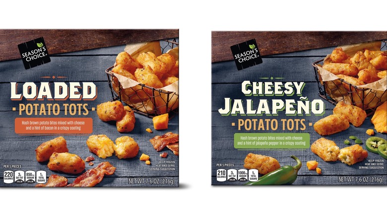Two different flavored potato tots side by side: the one on the left is loaded potato tots, while cheesy jalapeño is on the right.