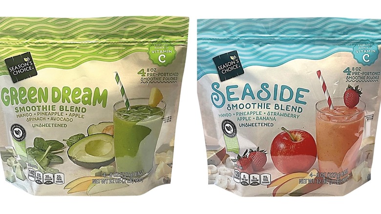 Two different smoothie blends side by side: the one on the left is green and the one on the right is teal.