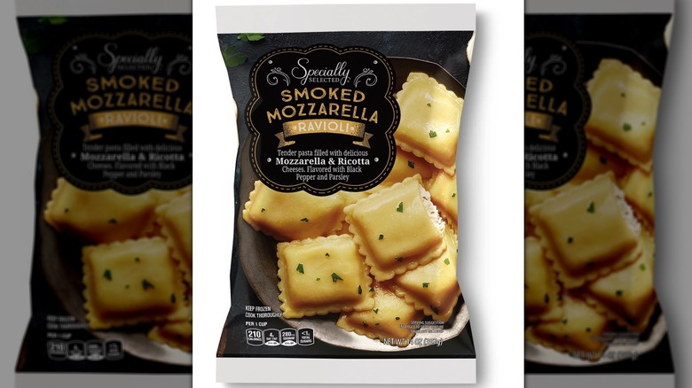 A bag of Specially Selected smoked mozzarella ravioli with a clear product shot on the package.
