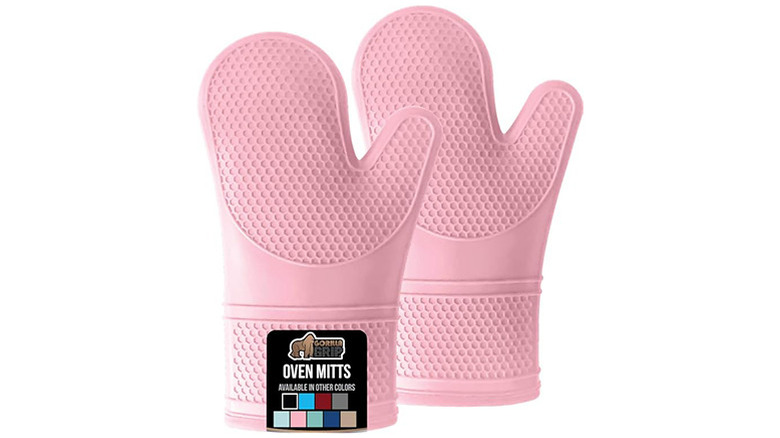 A pair of pink Gorilla Grip Soft Silicone Oven Mitts
