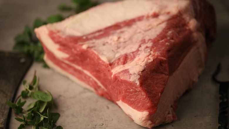 An uncooked brisket is bright red with tons of ivory fat.