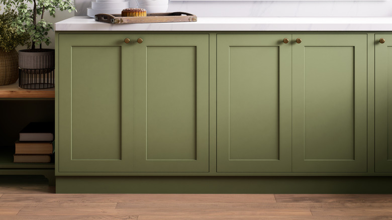 a kitchen with green cabinets