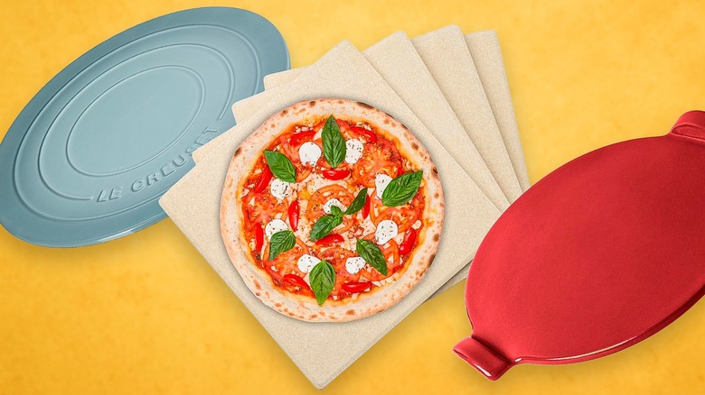 Pizza stones with pizza on yellow background