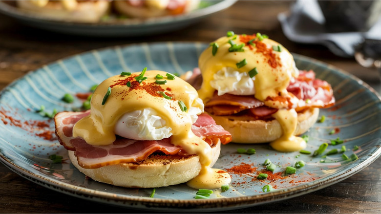 Eggs Benedict feature poached eggs.