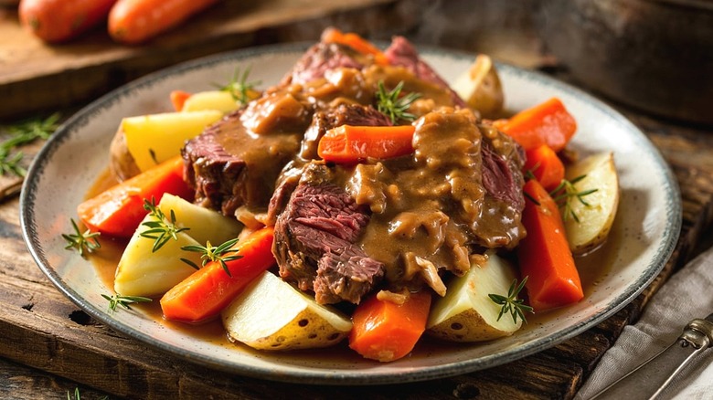 Plate of sliced pot roast with carrots and potato wedges covered in brown gravy