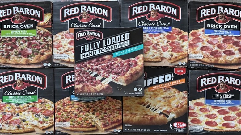 Several Red Baron pizza box varieties in rows.