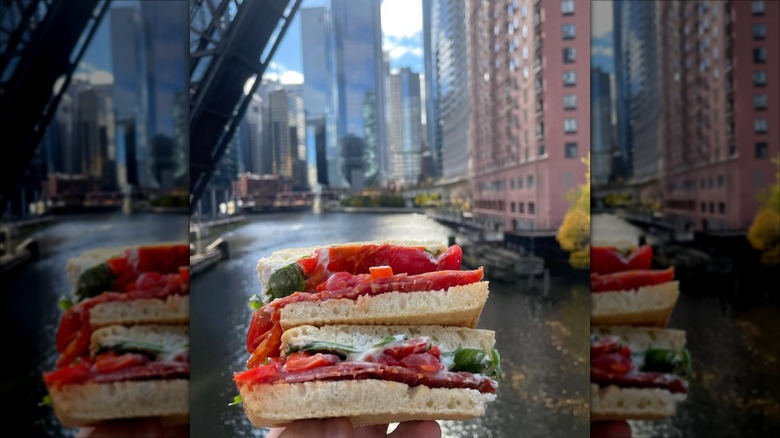 Soppressata sandwich in front of Chicago River