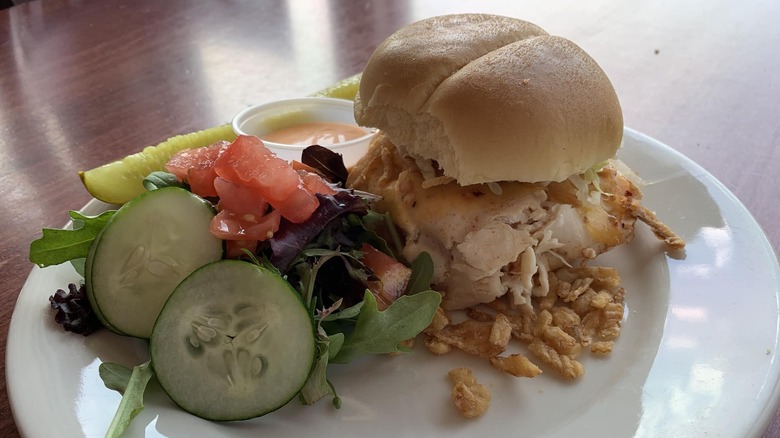 A chicken sandwich with a side salad and dip