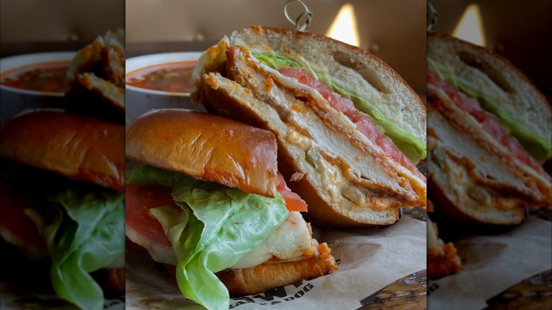Buffalo chicken sandwich and soup