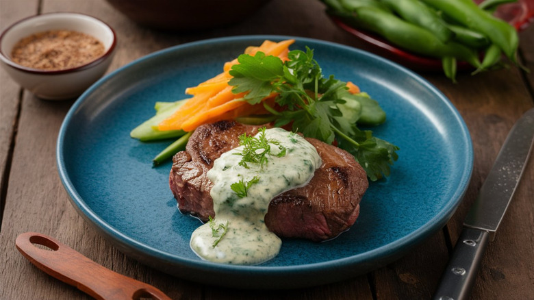 steak with blue cheese sauce on a plate with vegetables and parsley