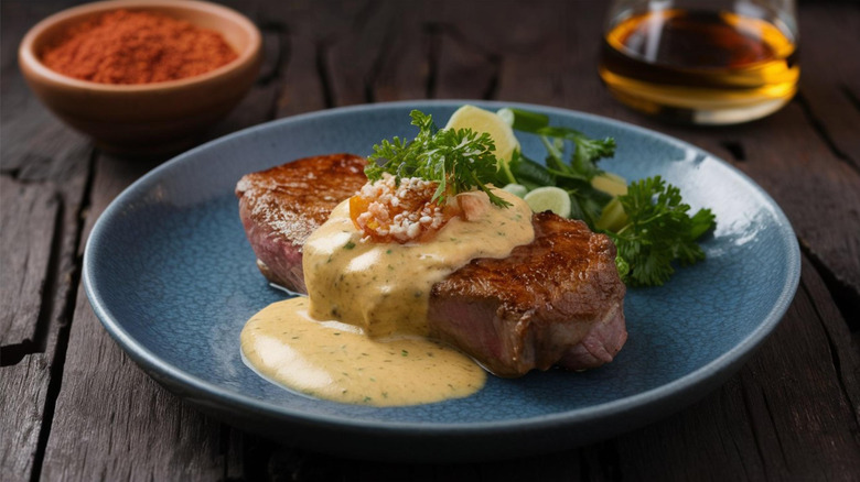 steak with mustard sauce on plate garnished with parsley