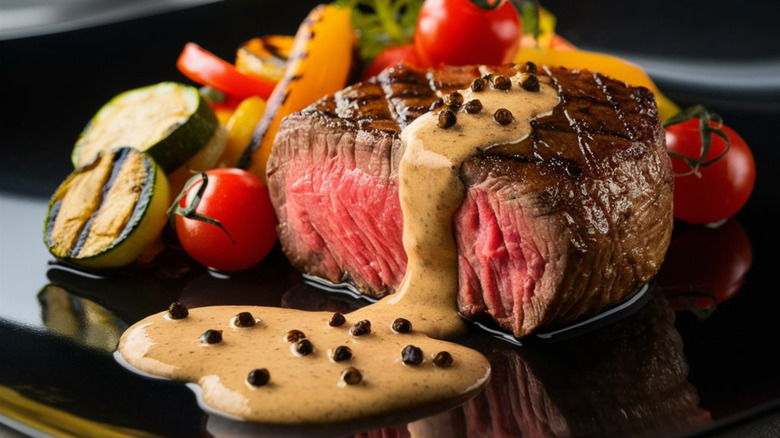 steak with peppercorn sauce on black plate with vegetables
