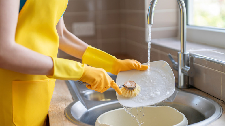 Person cleaning dishes with a scrub brush