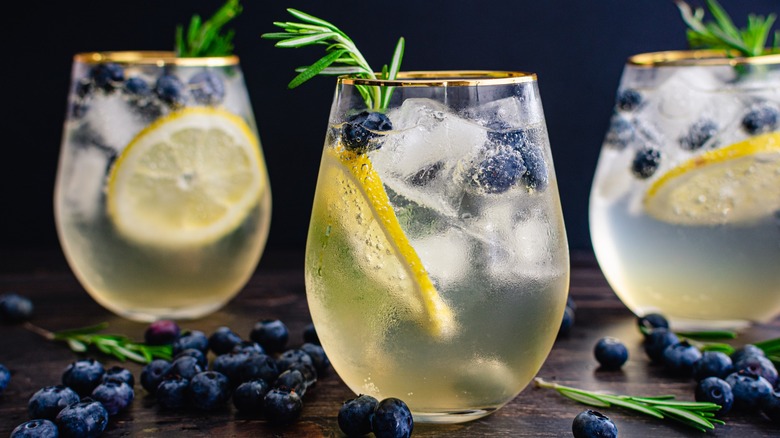 Vodka cocktails garnished with blueberries, lemon, and rosemary.