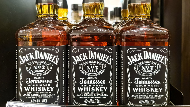Well-stocked shelf of Jack Daniel's Old No. 7 whiskey