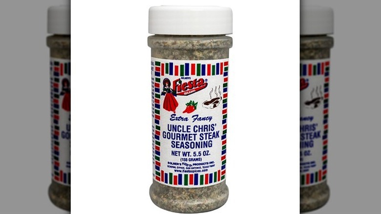 a shaker of Bolner's Fiesta Brand Uncle Chris' Gourmet Steak Seasoning on a white background