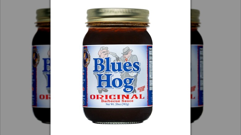 A jar of Blues Hog Original Barbecue sauce on a white background