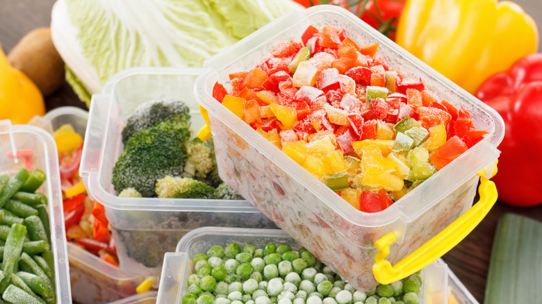 frozen vegetables in plastic containers