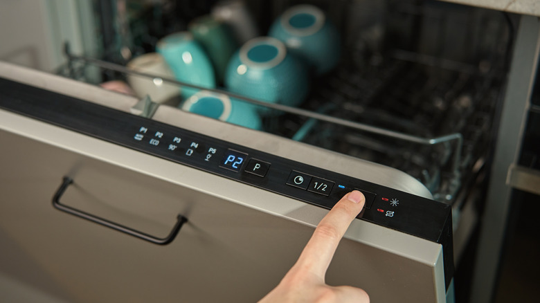 A person pressing a button on their dishwasher