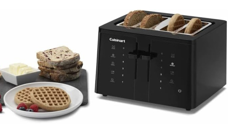 Product image of Cuisinart 4-Slice Touchscreen Toaster next to an array of bread and waffles