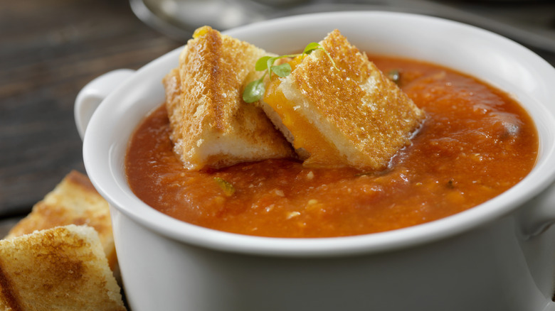 Grilled cheese croutons over soup