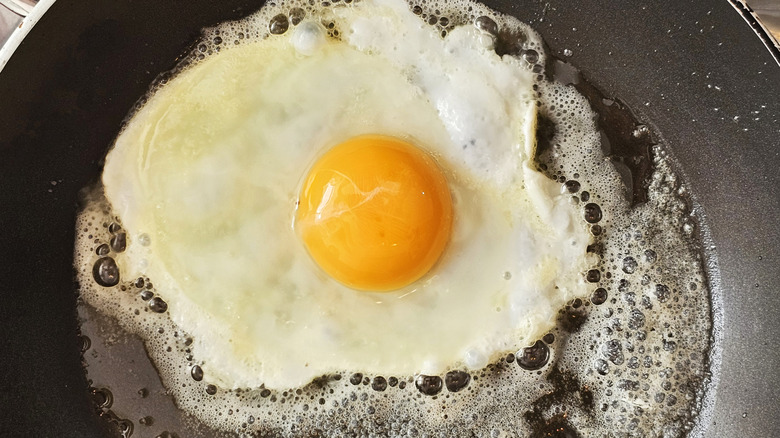 A single fried egg cooking in a pan