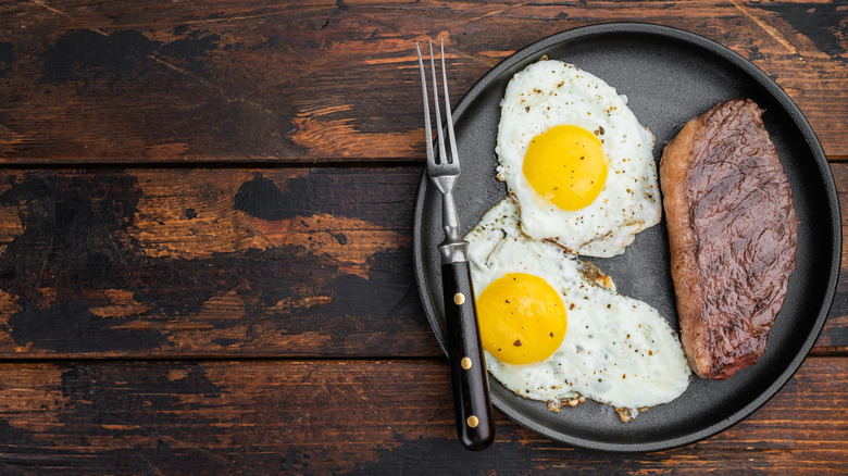 Plate of steak and eggs