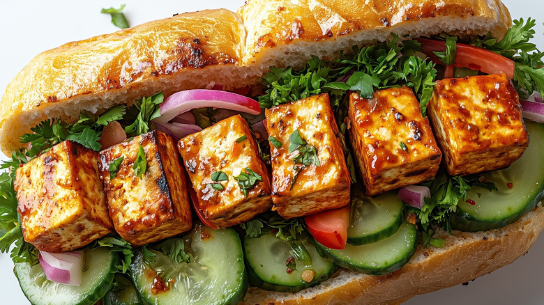 a Vietnamese sandwich featuring tofu and various veggie trimmings