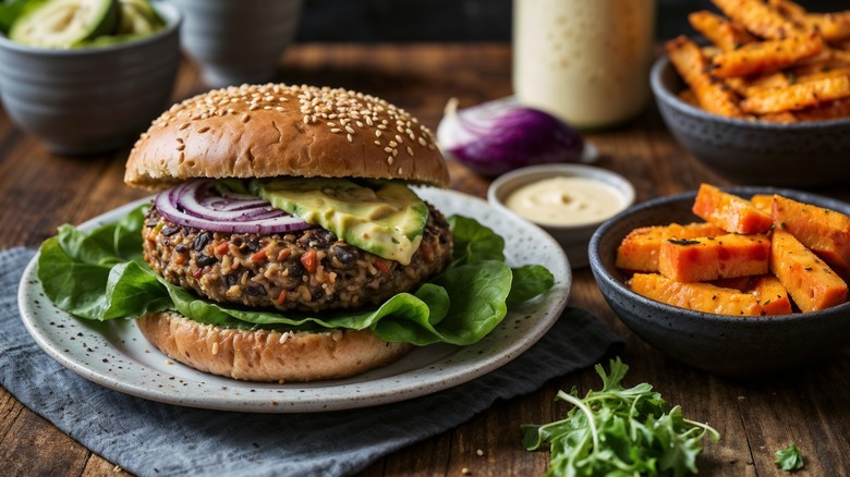 vegan black bean burger with avocado