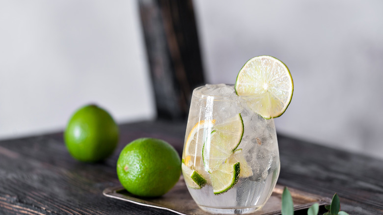 Cocktail with vodka and tonic water garnish with cut lemon and lime, next to two whole limes