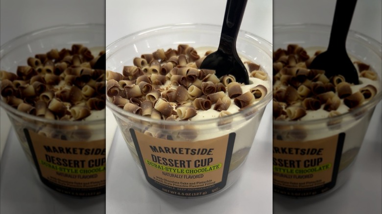 Open Marketside Dubai-style chocolate dessert cup with a plastic spoon