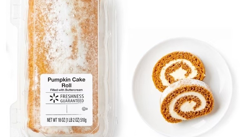 Walmart's packaged Pumpkin Cake Roll next to two servings on a white plate.