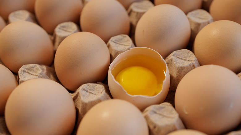 Carton of fresh eggs with one cracked open, the white and yolk exposed