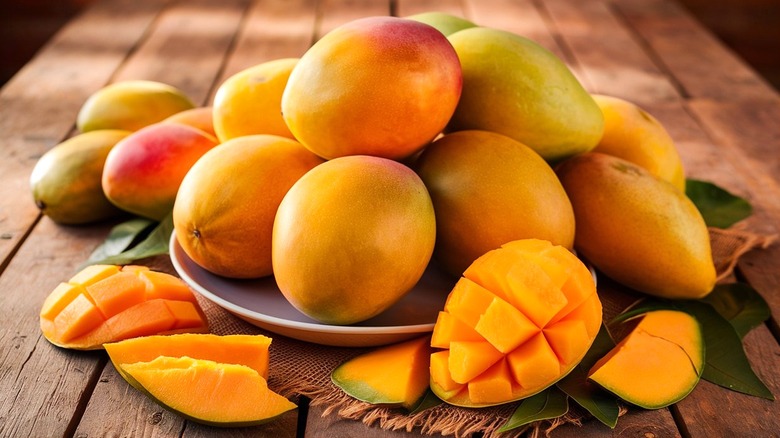 Whole red, yellow, and orange mangoes stacked on a plate with a few cut halves on a wooden table