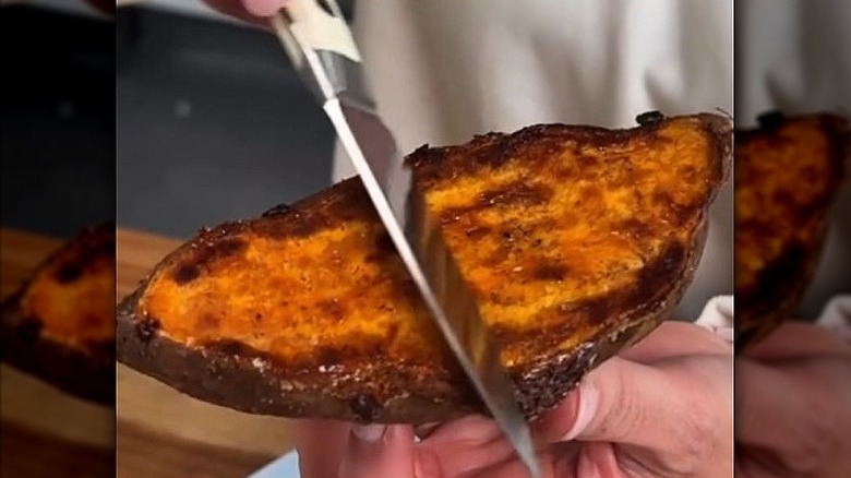 sweet potato half after being roasted cut side down