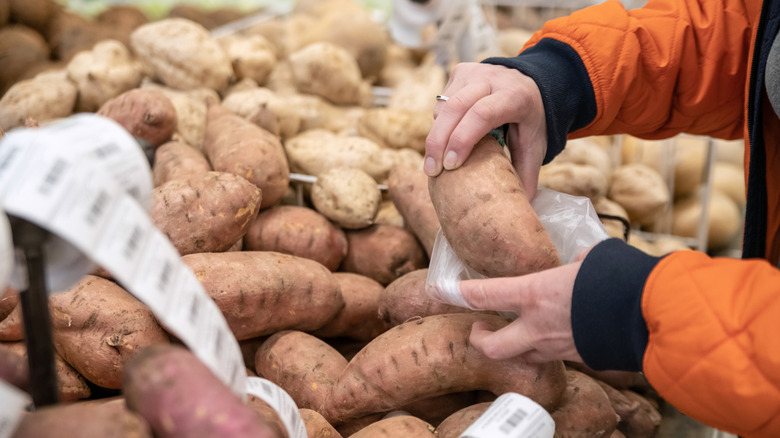 woman buying sweet potatoes at the grocery store