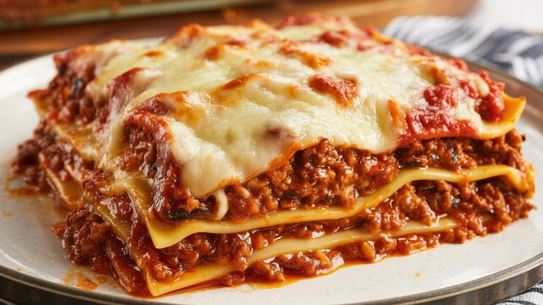 close-up of a slice of lasagna on a white plate