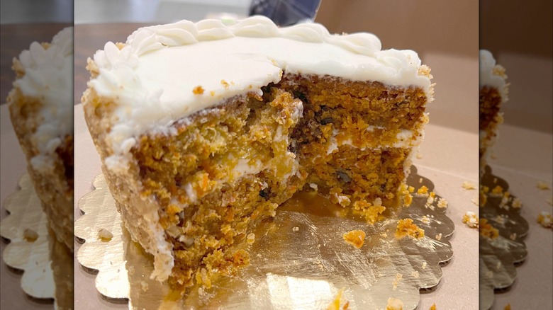 A close up of the inside of a carrot cake from Whole Foods